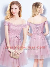 Deluxe Empire Damas Dress Pink Off The Shoulder Tulle Sleeveless Mini Length Lace Up