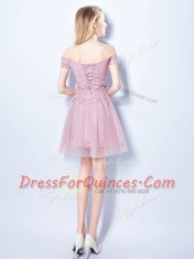 Deluxe Empire Damas Dress Pink Off The Shoulder Tulle Sleeveless Mini Length Lace Up