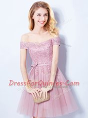 Deluxe Empire Damas Dress Pink Off The Shoulder Tulle Sleeveless Mini Length Lace Up