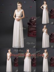 Popular One Shoulder White Empire Lace and Appliques and Belt Vestidos de Damas Lace Up Chiffon Sleeveless Floor Length