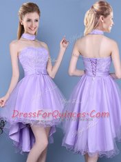 Edgy Lavender A-line Lace and Bowknot Quinceanera Dama Dress Lace Up Taffeta and Tulle Sleeveless High Low