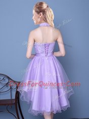 Edgy Lavender A-line Lace and Bowknot Quinceanera Dama Dress Lace Up Taffeta and Tulle Sleeveless High Low