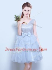 Spectacular Grey A-line Scoop Sleeveless Organza Mini Length Lace Up Lace and Ruffles and Ruffled Layers and Bowknot Quinceanera Dama Dress