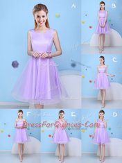 Flare Scoop Sleeveless Quinceanera Court Dresses Knee Length Bowknot Lavender Tulle