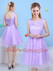 Flare Scoop Sleeveless Quinceanera Court Dresses Knee Length Bowknot Lavender Tulle