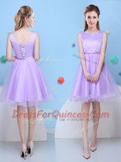 Flare Scoop Sleeveless Quinceanera Court Dresses Knee Length Bowknot Lavender Tulle