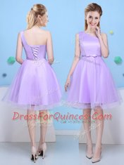 Flare Scoop Sleeveless Quinceanera Court Dresses Knee Length Bowknot Lavender Tulle