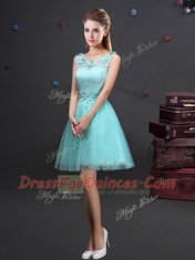 Artistic Tulle Scoop Sleeveless Lace Up Lace and Appliques and Belt Dama Dress for Quinceanera in Aqua Blue