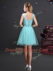 Artistic Tulle Scoop Sleeveless Lace Up Lace and Appliques and Belt Dama Dress for Quinceanera in Aqua Blue