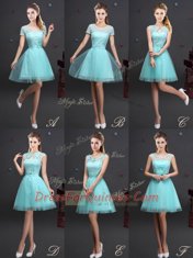 Artistic Tulle Scoop Sleeveless Lace Up Lace and Appliques and Belt Dama Dress for Quinceanera in Aqua Blue