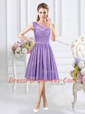 One Shoulder Lace Court Dresses for Sweet 16 Lavender Side Zipper Sleeveless Knee Length