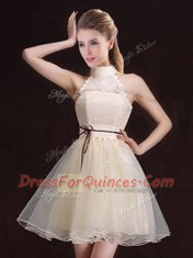 Halter Top Champagne A-line Lace and Belt Damas Dress Lace Up Organza Sleeveless Mini Length