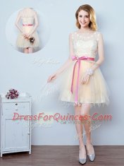 Fantastic Champagne A-line Tulle Scoop Sleeveless Lace and Appliques and Ruffles and Bowknot Mini Length Lace Up Dama Dress for Quinceanera