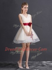 Elegant Champagne Organza Lace Up V-neck Sleeveless Mini Length Damas Dress Hand Made Flower