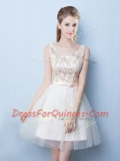 Decent Square Mini Length Lace Up Damas Dress Champagne for Prom and Party and Wedding Party with Sequins and Bowknot