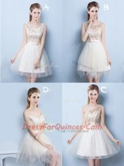 Decent Square Mini Length Lace Up Damas Dress Champagne for Prom and Party and Wedding Party with Sequins and Bowknot