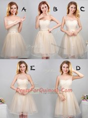 Simple Off the Shoulder Sleeveless Mini Length Lace and Appliques and Belt Lace Up Dama Dress for Quinceanera with Champagne