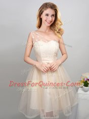 Simple Off the Shoulder Sleeveless Mini Length Lace and Appliques and Belt Lace Up Dama Dress for Quinceanera with Champagne