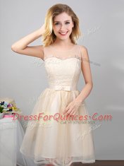Simple Off the Shoulder Sleeveless Mini Length Lace and Appliques and Belt Lace Up Dama Dress for Quinceanera with Champagne