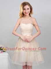 Simple Off the Shoulder Sleeveless Mini Length Lace and Appliques and Belt Lace Up Dama Dress for Quinceanera with Champagne