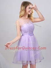 New Style Scoop Lavender Tulle Lace Up Dama Dress for Quinceanera Sleeveless Mini Length Lace and Appliques and Belt
