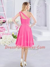 Pretty One Shoulder Hot Pink A-line Ruching Damas Dress Zipper Chiffon Sleeveless Knee Length