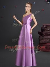 One Shoulder Lilac Sleeveless Elastic Woven Satin Zipper Quinceanera Court Dresses for Prom and Party and Wedding Party