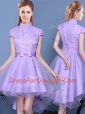 Great High-neck Short Sleeves Quinceanera Court of Honor Dress High Low Lace and Bowknot and Belt Lavender Tulle