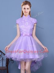 Great High-neck Short Sleeves Quinceanera Court of Honor Dress High Low Lace and Bowknot and Belt Lavender Tulle