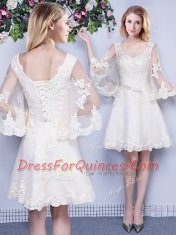 Scoop Knee Length A-line 3 4 Length Sleeve White Quinceanera Court of Honor Dress Lace Up