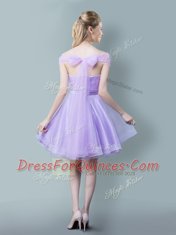 Lavender Empire Off The Shoulder Sleeveless Tulle Knee Length Zipper Ruching and Bowknot Quinceanera Dama Dress