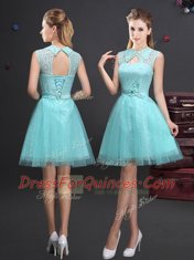 Wonderful Aqua Blue A-line High-neck Sleeveless Tulle Mini Length Lace Up Lace and Appliques and Belt Quinceanera Dama Dress