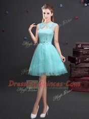 Wonderful Aqua Blue A-line High-neck Sleeveless Tulle Mini Length Lace Up Lace and Appliques and Belt Quinceanera Dama Dress