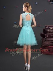 Wonderful Aqua Blue A-line High-neck Sleeveless Tulle Mini Length Lace Up Lace and Appliques and Belt Quinceanera Dama Dress