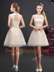 Noble Tulle High-neck Sleeveless Lace Up Lace and Appliques and Belt Quinceanera Court of Honor Dress in Champagne