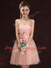 Peach A-line Strapless Sleeveless Tulle and Lace Mini Length Lace Up Lace and Bowknot Quinceanera Court Dresses