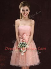Sleeveless Mini Length Lace and Bowknot Lace Up Quinceanera Dama Dress with Peach