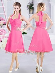 Chiffon Halter Top Sleeveless Zipper Ruching Vestidos de Damas in Hot Pink