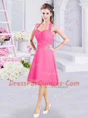 Chiffon Halter Top Sleeveless Zipper Ruching Vestidos de Damas in Hot Pink