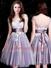 Charming Tulle Short Sleeves Knee Length Quinceanera Dama Dress and Appliques and Belt