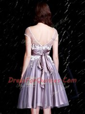 Charming Tulle Short Sleeves Knee Length Quinceanera Dama Dress and Appliques and Belt