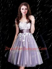 Charming Tulle Short Sleeves Knee Length Quinceanera Dama Dress and Appliques and Belt