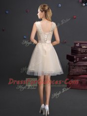 Top Selling Scoop Mini Length A-line Sleeveless Champagne Damas Dress Lace Up