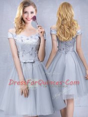 Dazzling Off The Shoulder Sleeveless Tulle Damas Dress Appliques and Belt Lace Up