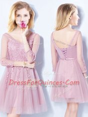 Low Price Mini Length Pink Damas Dress V-neck Sleeveless Lace Up