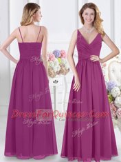 On Sale Fuchsia Sleeveless Floor Length Ruching Zipper Quinceanera Dama Dress