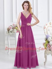 On Sale Fuchsia Sleeveless Floor Length Ruching Zipper Quinceanera Dama Dress