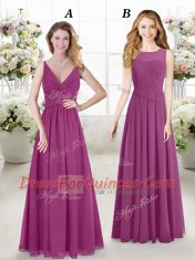 On Sale Fuchsia Sleeveless Floor Length Ruching Zipper Quinceanera Dama Dress