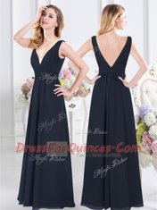 Colorful Backless Navy Blue Sleeveless Ruching Floor Length Court Dresses for Sweet 16