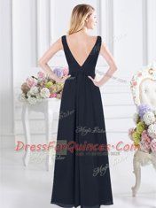 Colorful Backless Navy Blue Sleeveless Ruching Floor Length Court Dresses for Sweet 16